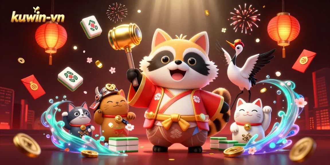 Join the excitement at kuwin-vn with a vibrant 3D casino-themed illustration featuring a tanuki and festive elements.
