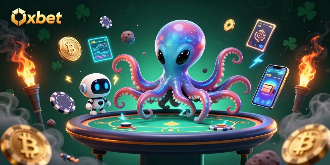 Engage with Oxbet's exciting universe through a vibrant poker scene featuring an alien octopus and dynamic crypto elements.
