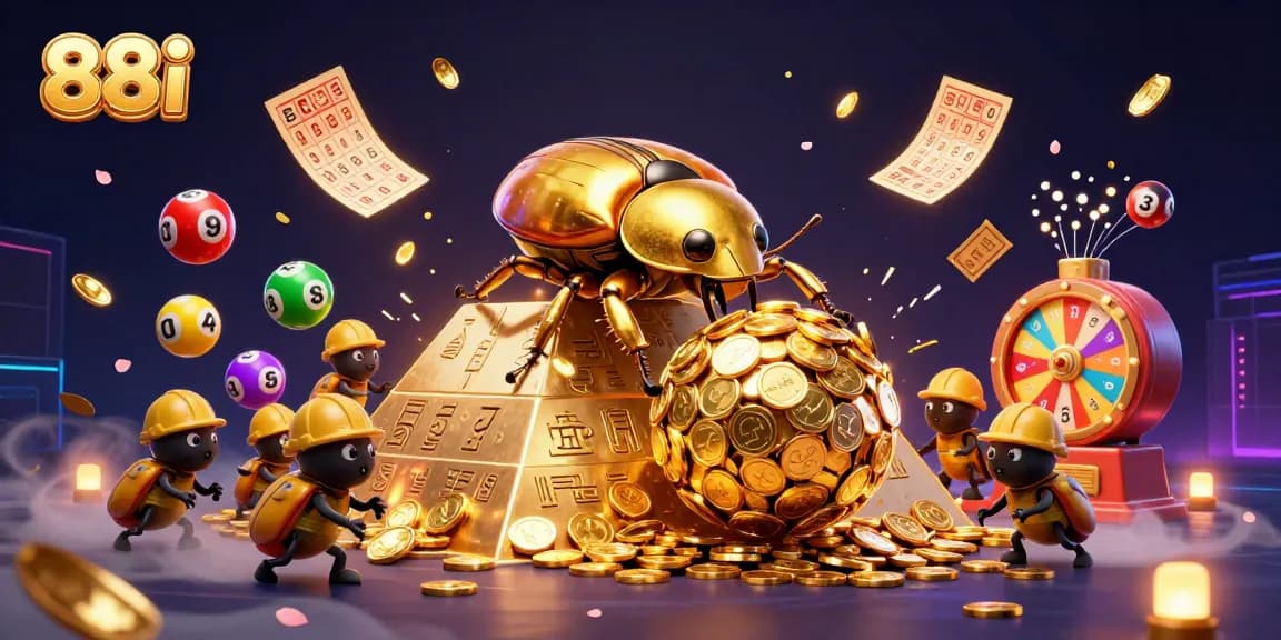 Experience thrilling gaming at 88i with a scene of vibrant lottery elements, symbolizing excitement and winning potential.