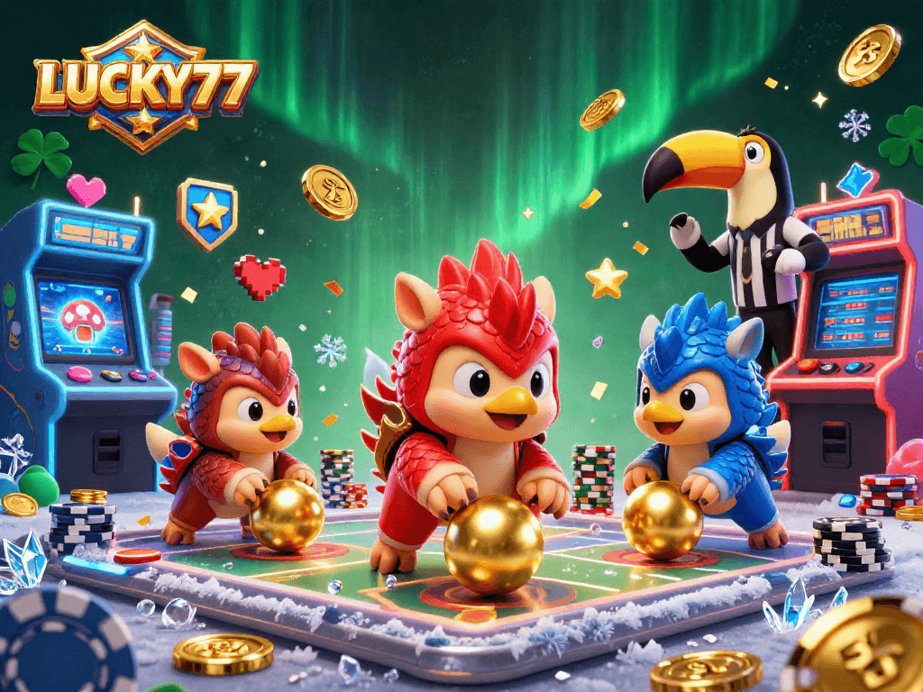 Spin and win with LUCKY77 in a vibrant 3D illustration featuring pangolins amidst casino elements.