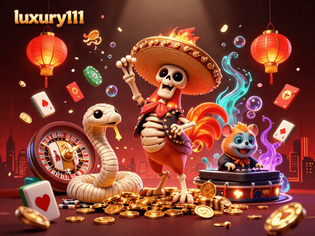 Engaging scene showcasing luxury111 with a dynamic victory dance by a mariachi rooster amidst glowing casino themes.