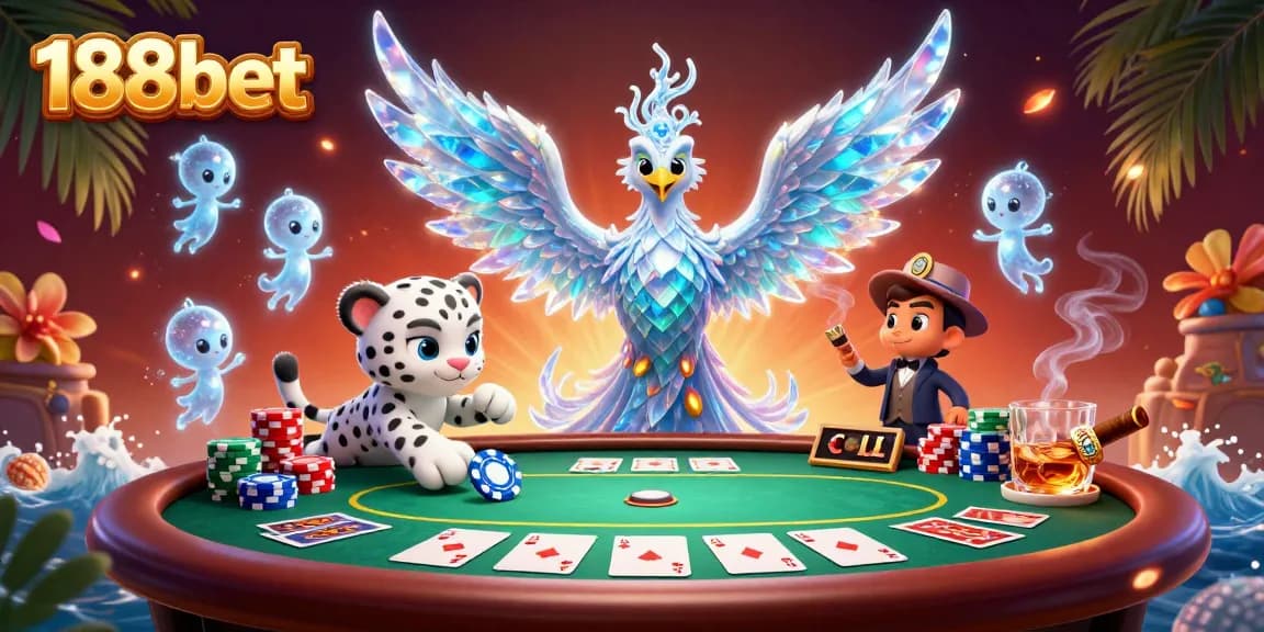 Engage in thrilling action with 188bet's vibrant casino scene featuring playful characters and exhilarating poker elements.