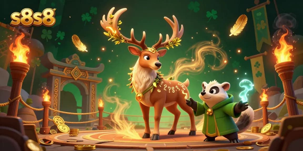 Experience the thrilling s8s8 fantasy realm with druid stag and badger in this vibrant casino illustration.