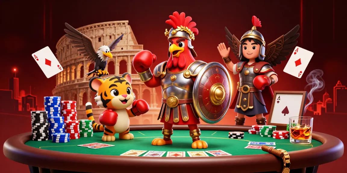 Experience exhilarating gameplay with go88 as the rooster gladiator faces off in a vibrant poker arena.