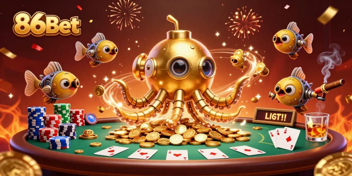 Experience the excitement of 86Bet with a dynamic 3D casino illustration showcasing winning poker elements.