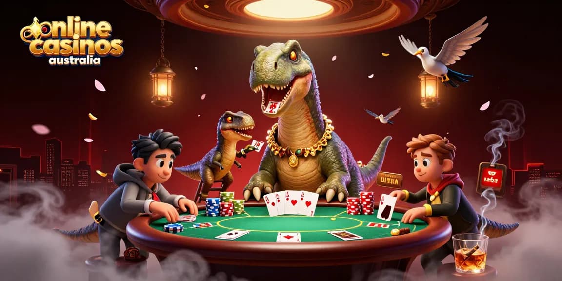 Experience online casinos Australia with a whimsical 3D casino scene featuring a towering brontosaurus.