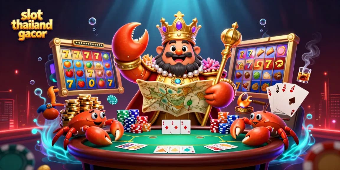 Engage with slot thailand gacor showcasing a vibrant 3D casino scene featuring a golden crab emperor and rich gaming elements.