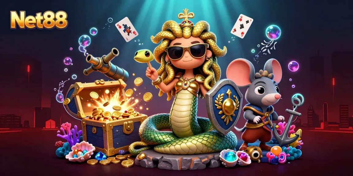 Embark on thrilling adventures with Net88's vibrant casino elements and adorable characters.