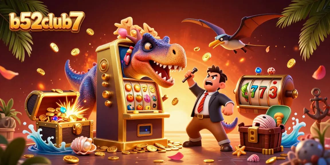 B52Club7 showcases a thrilling jackpot scene with a playful pachycephalosaurus and casino elements.
