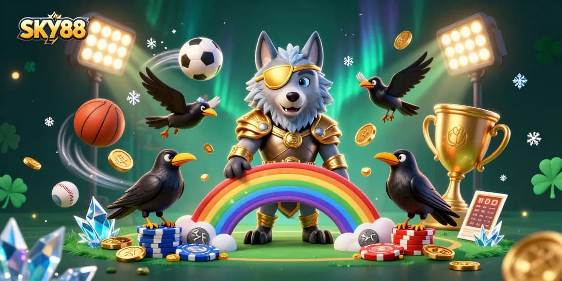 Bet big with SKY88 in this engaging 3D casino sports scene featuring Odin and ravens.