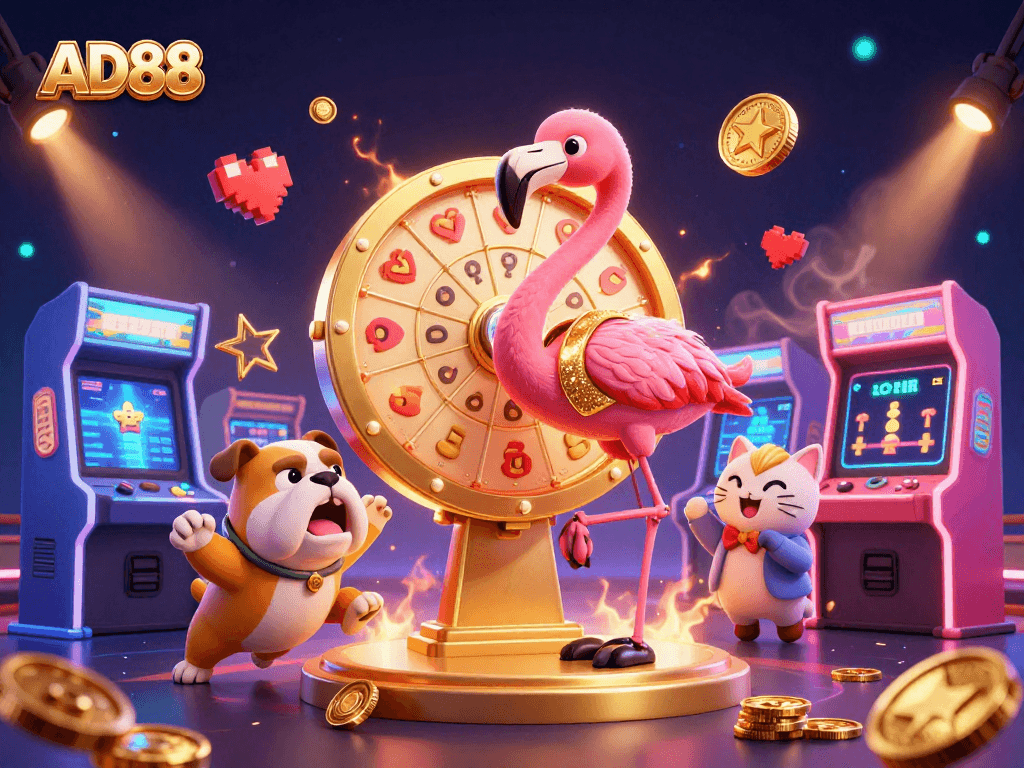 Engage with the exciting world of AD88 as a flamingo host spins the prize wheel surrounded by vibrant casino elements.