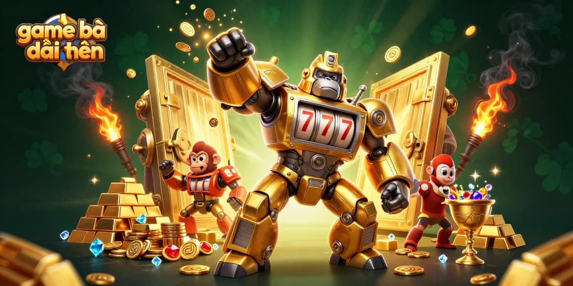 Experience thrilling game bài đổi thưởng with our vibrant 3D casino illustration featuring a golden mech and treasure.