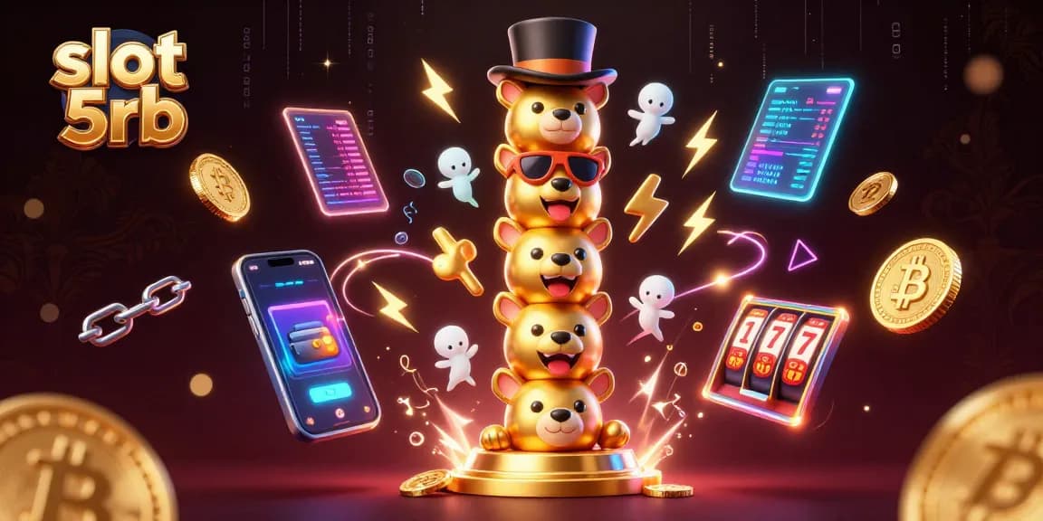 Spin and win at slot 5rb with this vibrant casino-themed illustration showcasing top symbols and crypto elements.