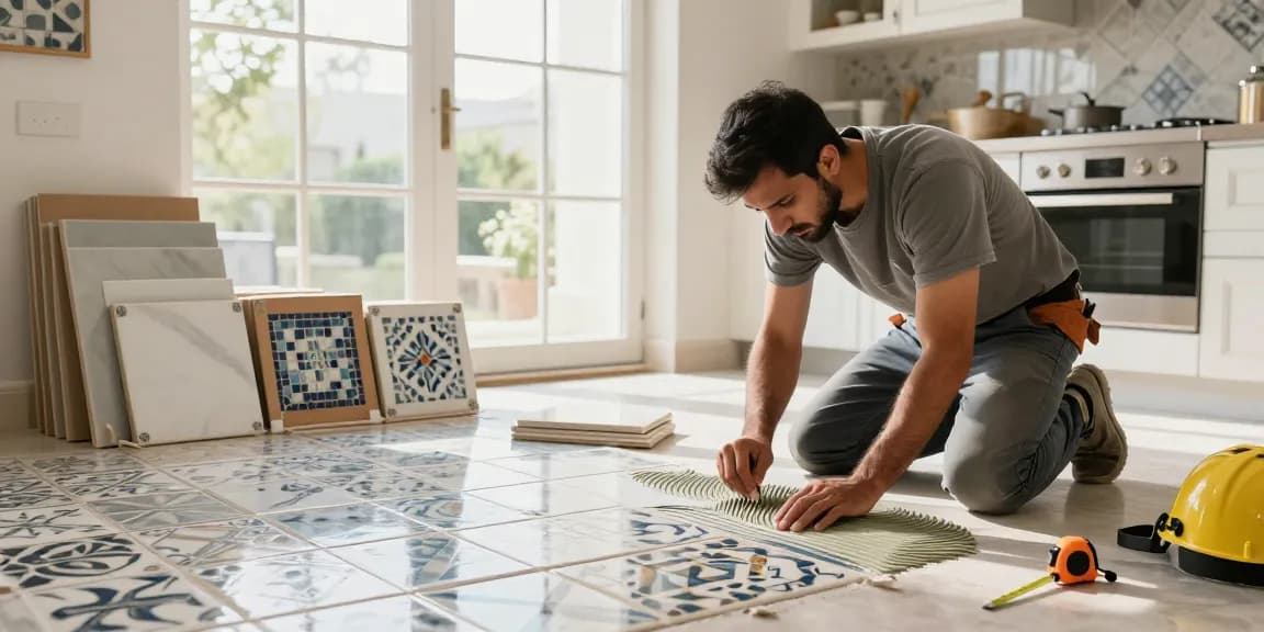 تركيب سيراميك باكستاني في مطبخ أنيق مع التركيز على الدقة والاحترافية.