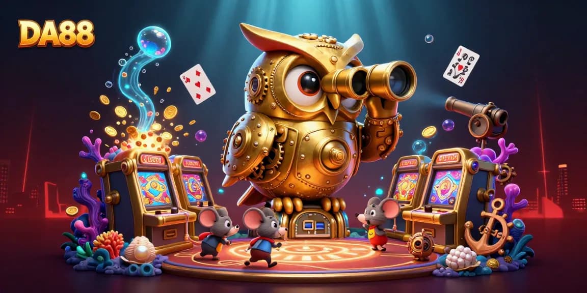 DA88 showcases an immersive casino scene with a golden owl and lively mouse patrons amid colorful gaming elements.