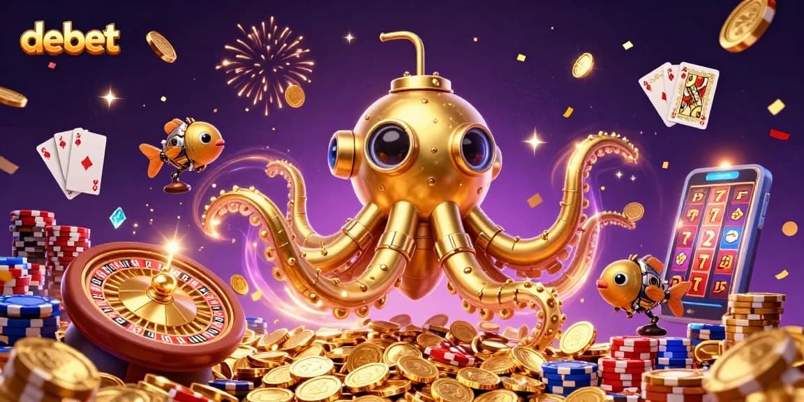 Engage in thrilling debet gaming with a vibrant 3D casino illustration featuring a golden kraken and sparkling jewels.