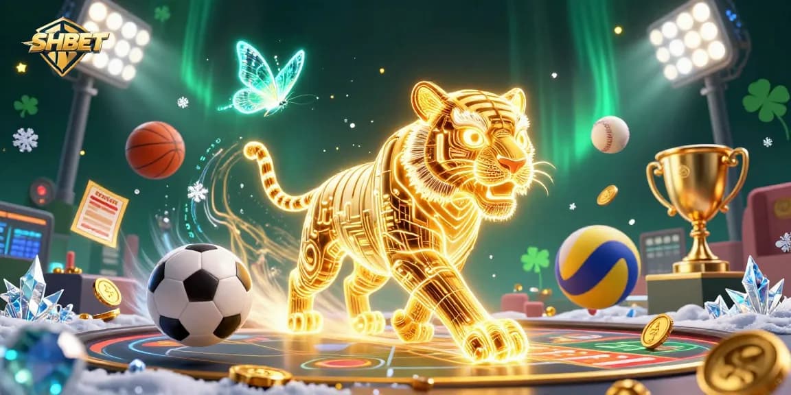Engage with SHBET at a vibrant digital casino featuring a luminous golden tiger and sports elements.