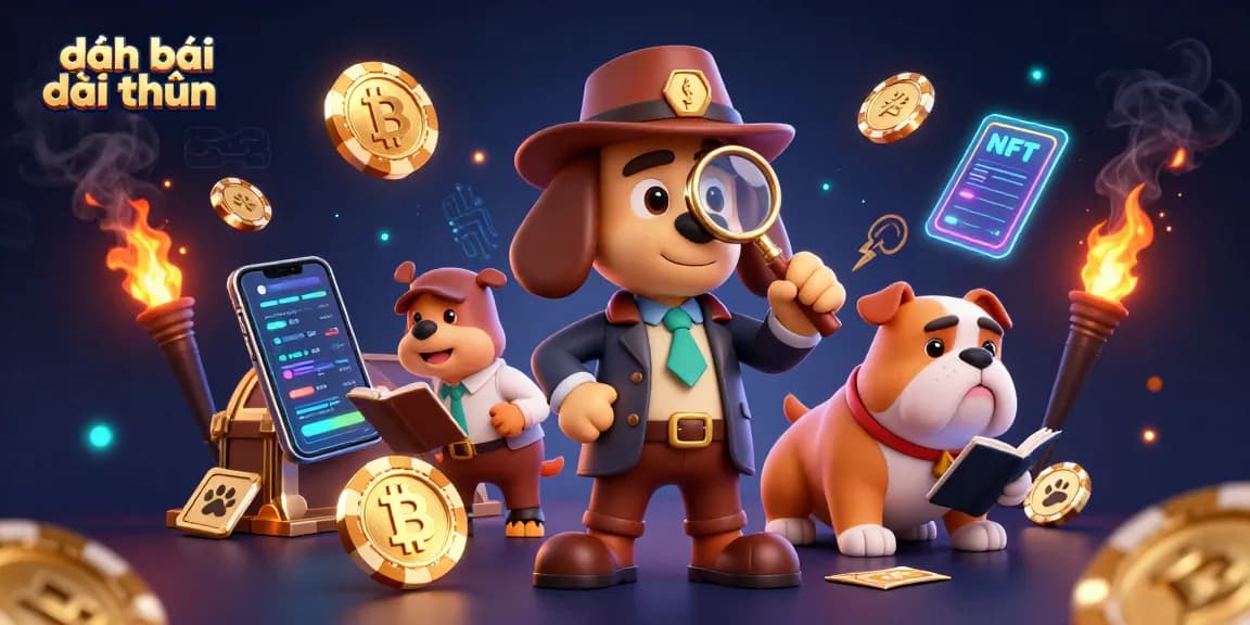 Engage with đánh bài đổi thưởng as a detective explores poker clues amidst crypto coins and game elements.