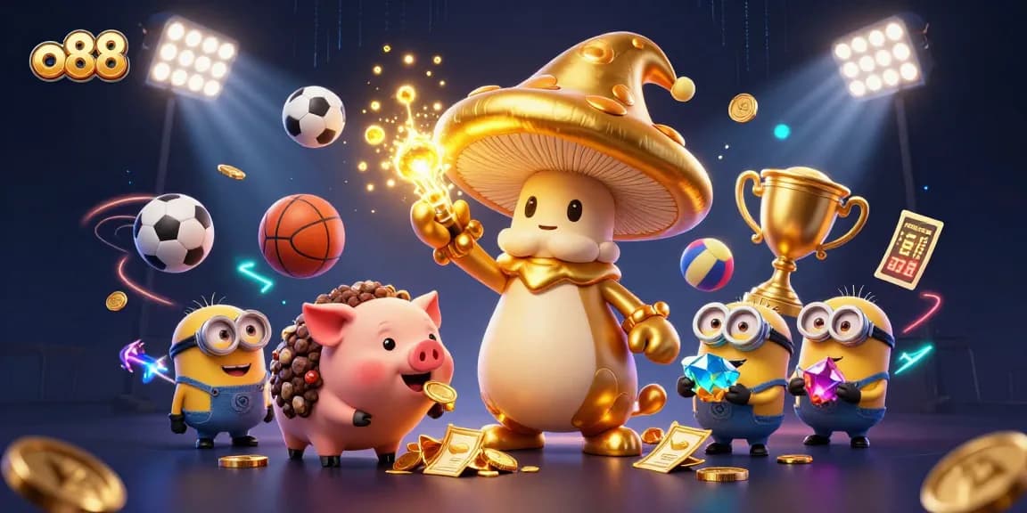 Experience o88's golden gaming magic featuring wizards and sports elements in a dynamic casino illustration.