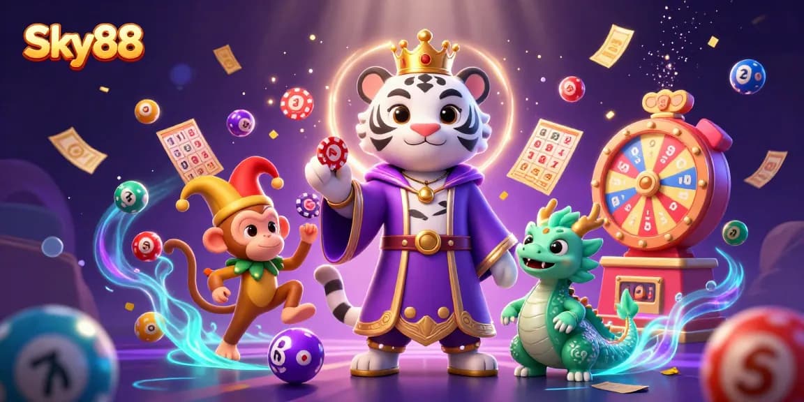 Sky88 captivates players with vibrant lottery-themed illustration featuring dynamic games and excitement.