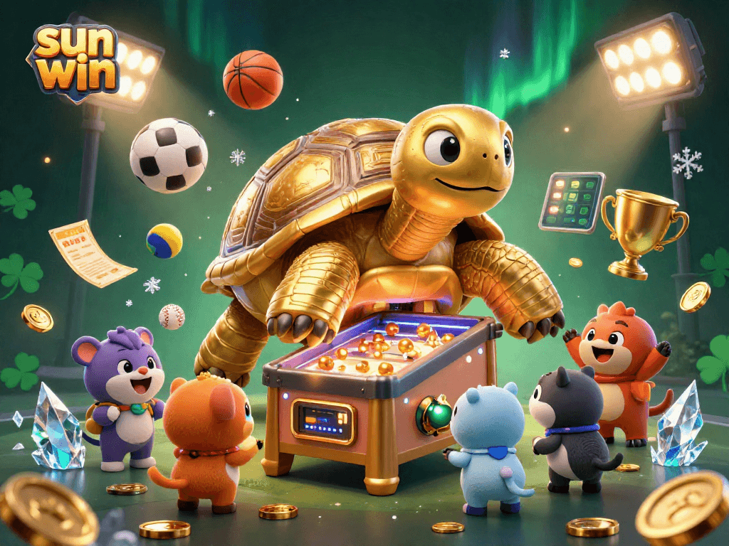Experience thrilling wins at sun win with a dynamic casino game featuring sports balls and a golden tortoise.