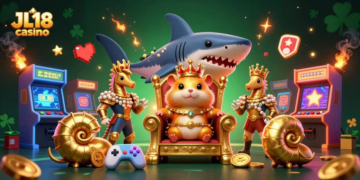 Experience thrilling gameplay at JL18 casino with vibrant arcade games surrounding a golden hamster king.