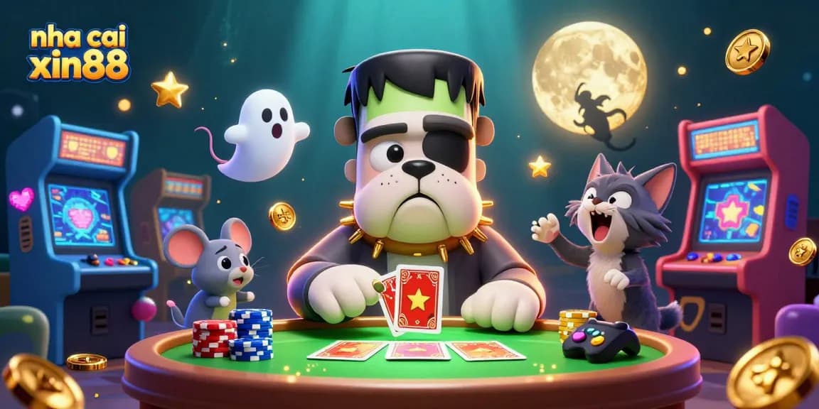 Engage in winning strategies with nha cai xin88 as a bulldog monster deals cards at a vibrant casino table.