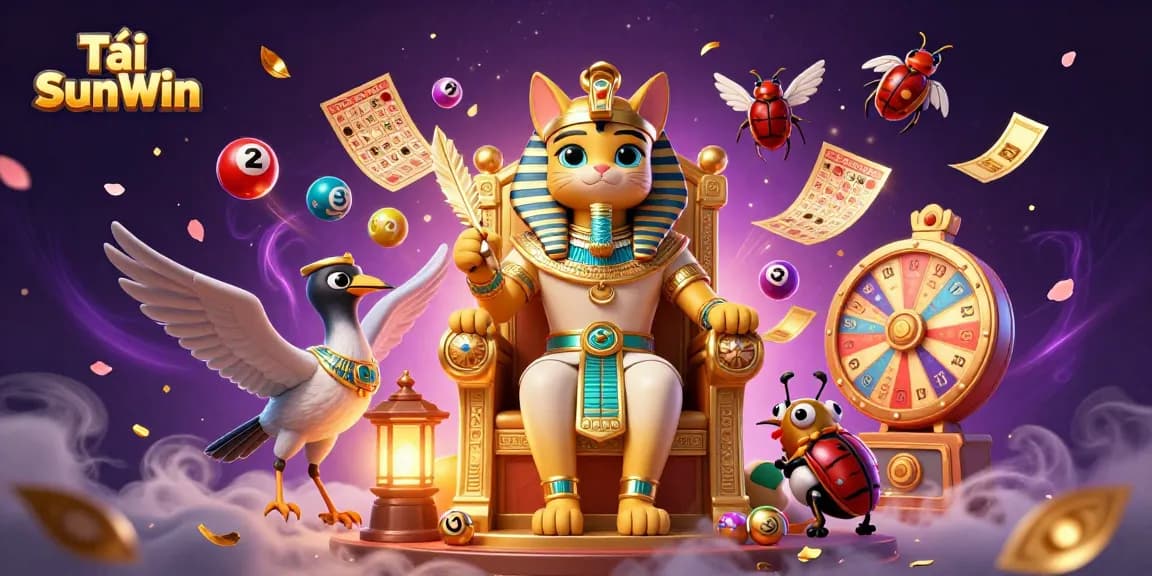 Tải SunWin to explore vibrant casino-themed illustration with Egyptian pharaoh cat and game elements