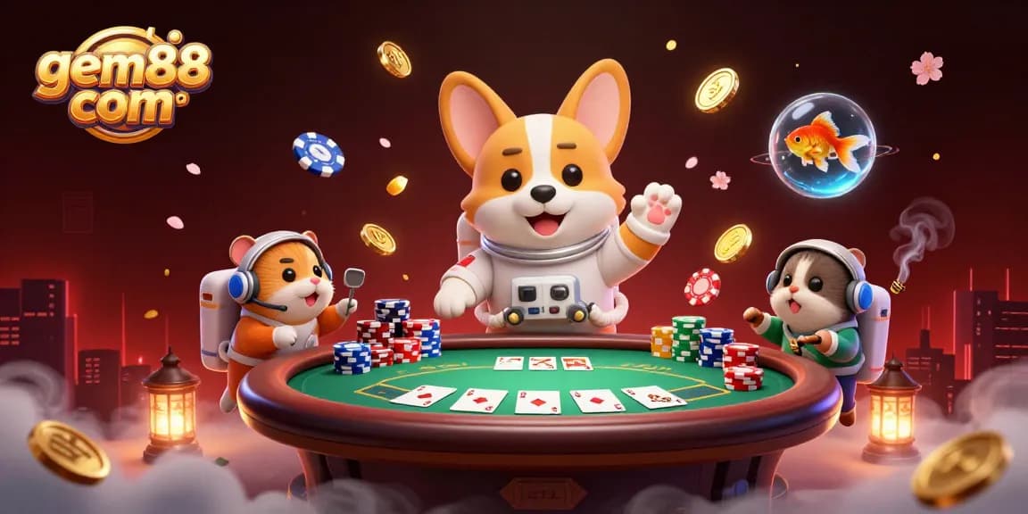 Experience thrilling wins at gem88 com with a vibrant casino scene featuring quirky characters and poker action.
