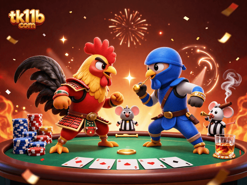 Experience thrilling bets with tk11b com as fighting roosters face-off amidst vibrant casino elements.