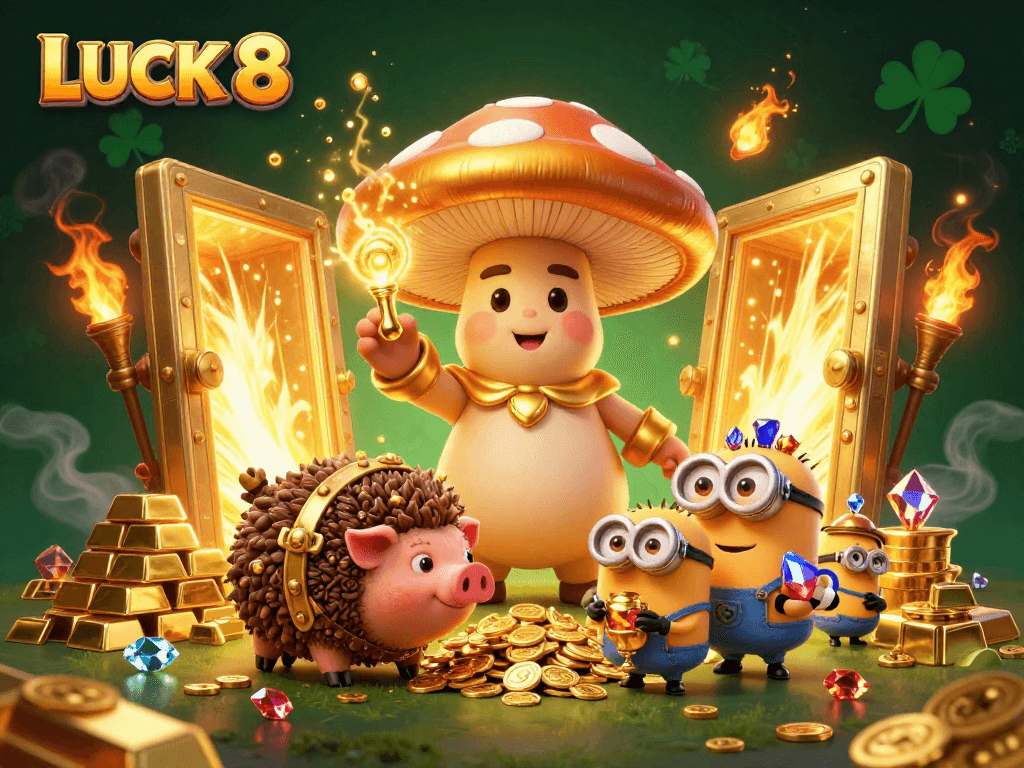 Experience the magic of LUCK 8 with golden treasures and enchanting characters in vibrant casino-themed illustration.