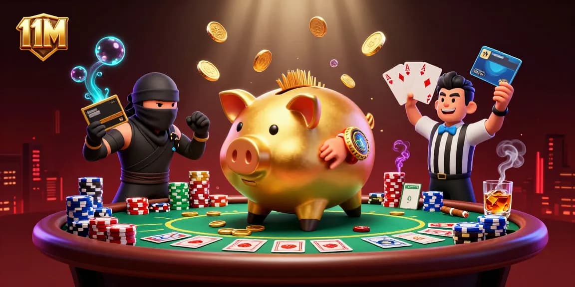 Engage in thrilling action with 11M as you watch a sumo wrestler piggy bank unleash a coin storm at the poker table.