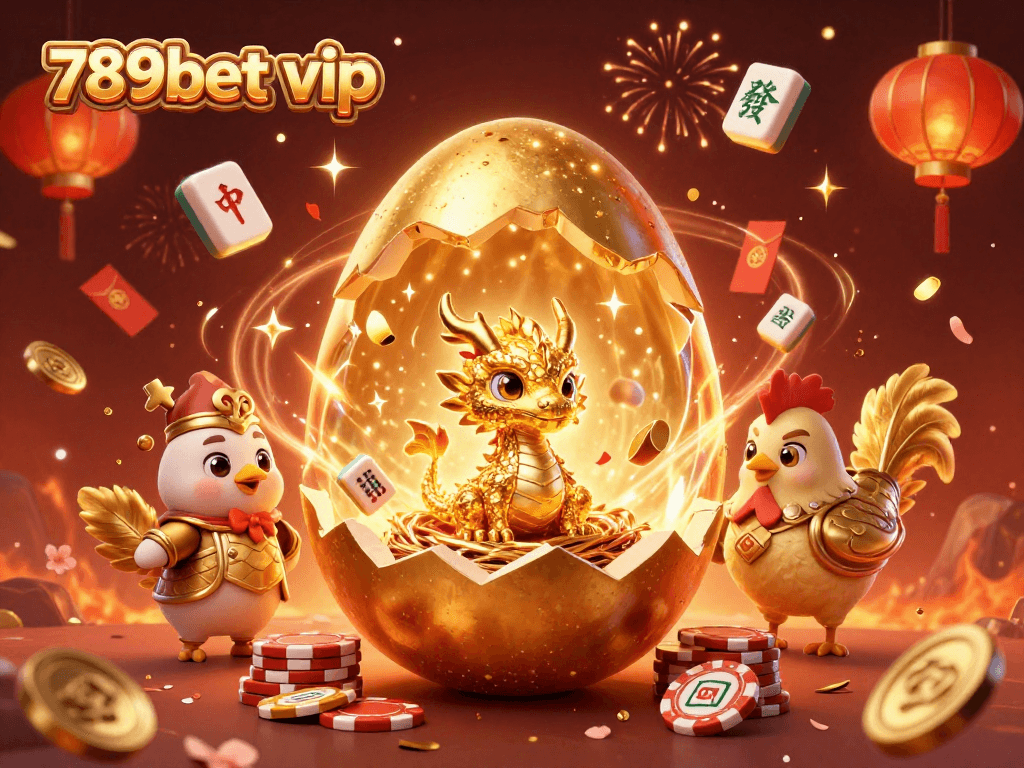Experience thrilling action with 789bet vip, featuring a golden baby dragon on poker chips amid festive decorations.