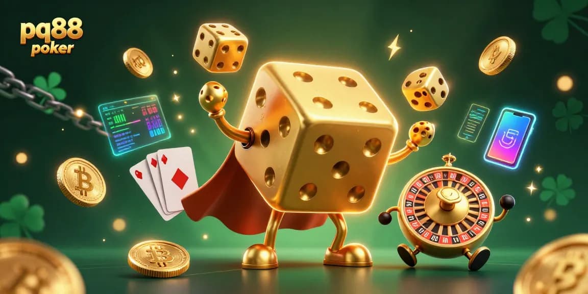 Experience exciting gaming action with pq88 poker featuring golden dice and crypto elements in a vibrant casino setting.
