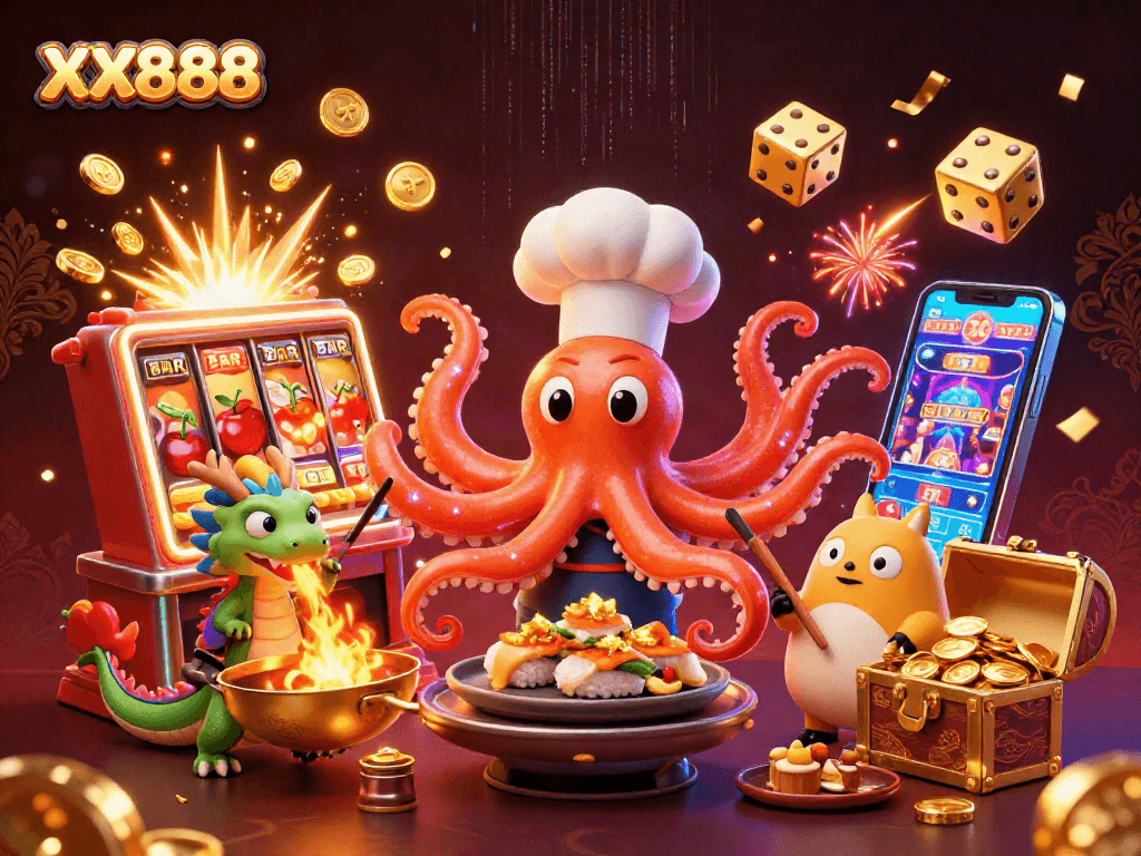 Experience the excitement of XX888 with a vibrant 3D casino scene featuring a sushi chef octopus.