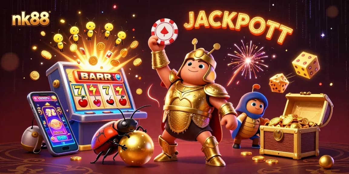 Celebrate your wins with nk88 in this vibrant casino-themed illustration featuring iconic game symbols.