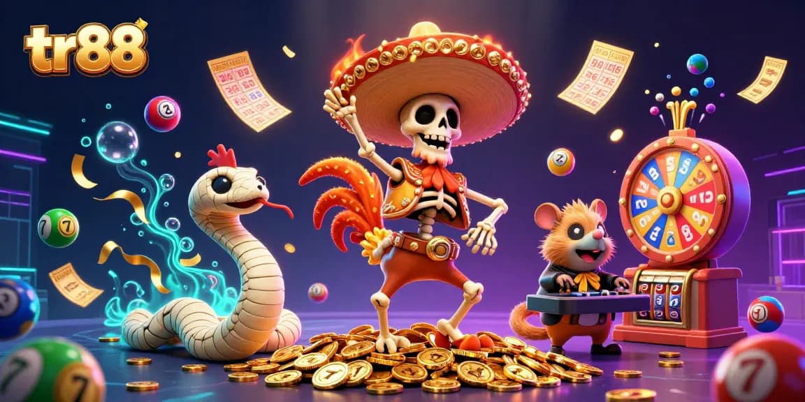 Experience the excitement of tr88 with a vibrant 3D casino scene featuring colorful characters and dynamic game elements.