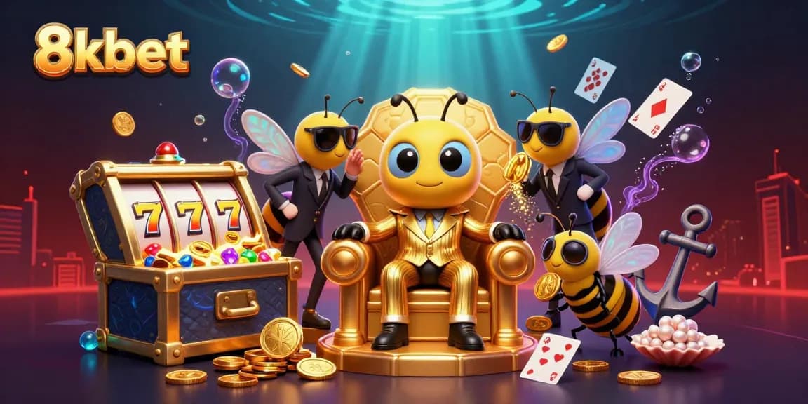 Join the excitement at 8xbet with a vibrant 3D casino scene featuring characters amidst slot machine reels and treasure.