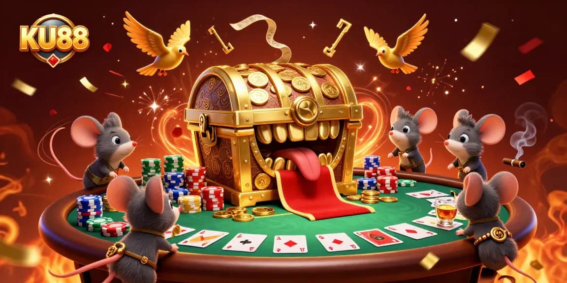 Experience the thrill of KU88 as treasure chests lure adventurers amidst rich gaming scenes.
