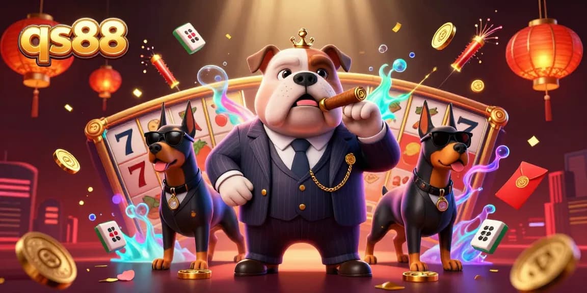 Engage with qs88's dynamic casino scene featuring a mafia bulldog and Doberman guards amidst vibrant gaming elements.