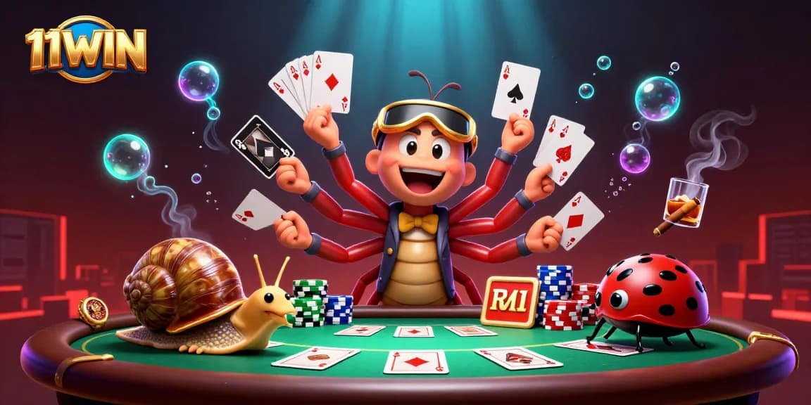 Win big at 11WIN with a dynamic casino scene featuring a cartoon millipede dealer and high-roller snail.