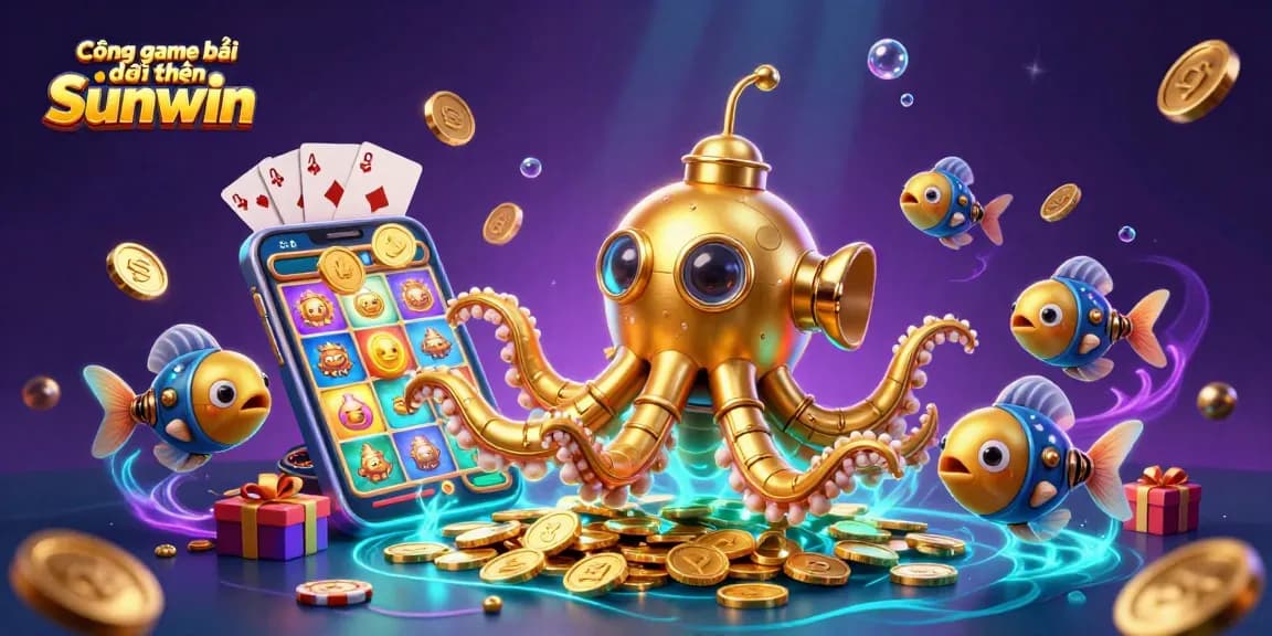 Cổng game bài đổi thưởng Sunwin features a golden kraken submarine in a treasure-filled scene, showcasing vibrant casino gaming elements.