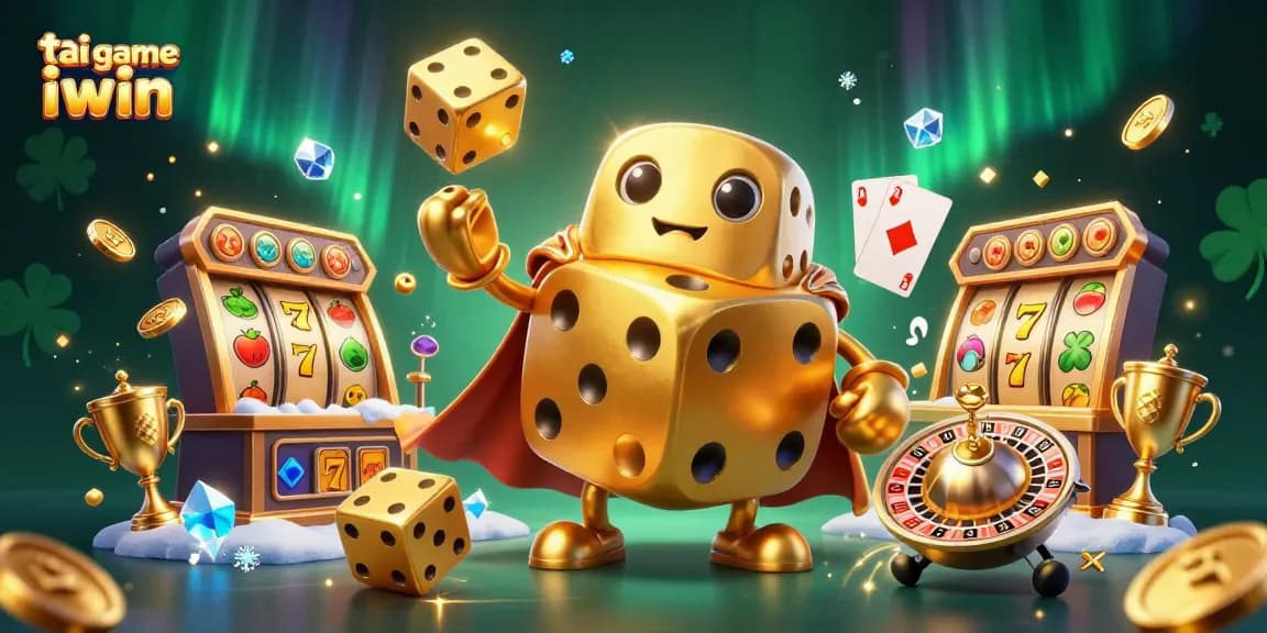 Experience the thrill of tai game iwin in a rich 3D casino illustration, featuring vibrant gold dice and slot elements.
