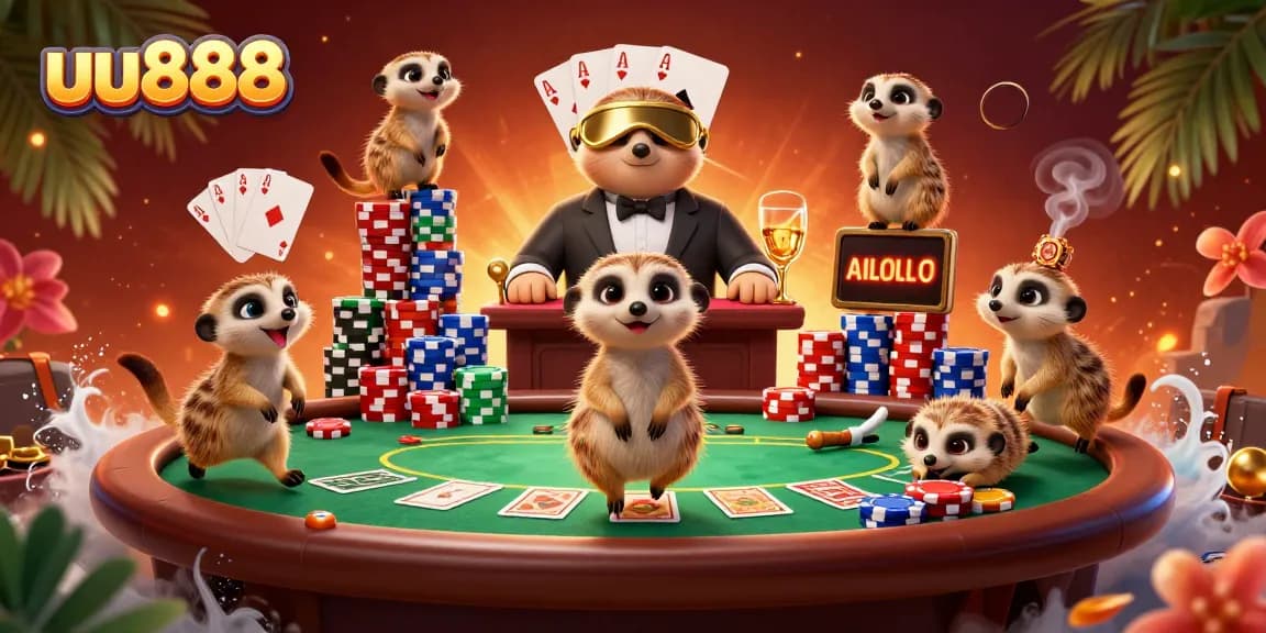 Engage in thrilling poker games at uu888 alongside cartoon meerkats in a vibrant casino scene.