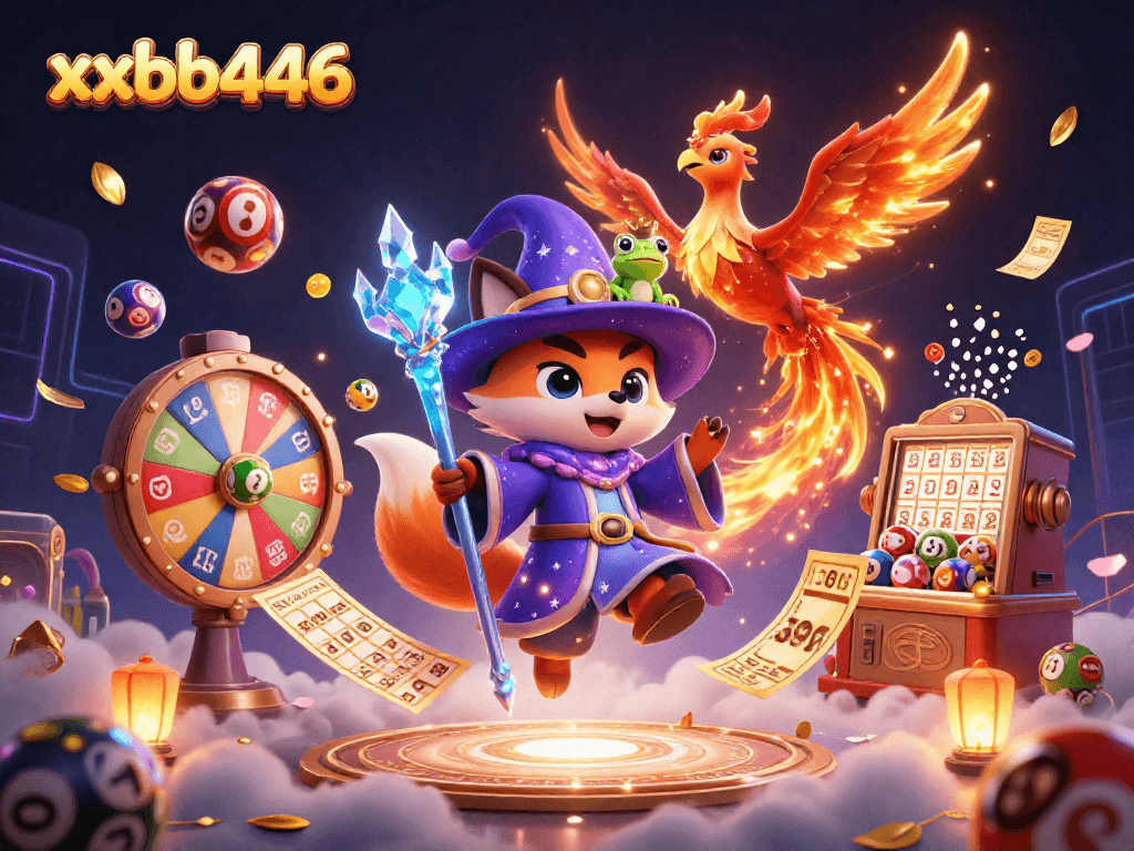 Experience thrilling play at xxbb446 with a vibrant 3D illustration capturing a mystical wizard, phoenix, and animated lottery elements.