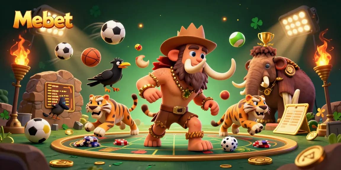 Mebet features a vivid 3D illustration of prehistoric casino gaming with sabertooth tiger and cave characters.
