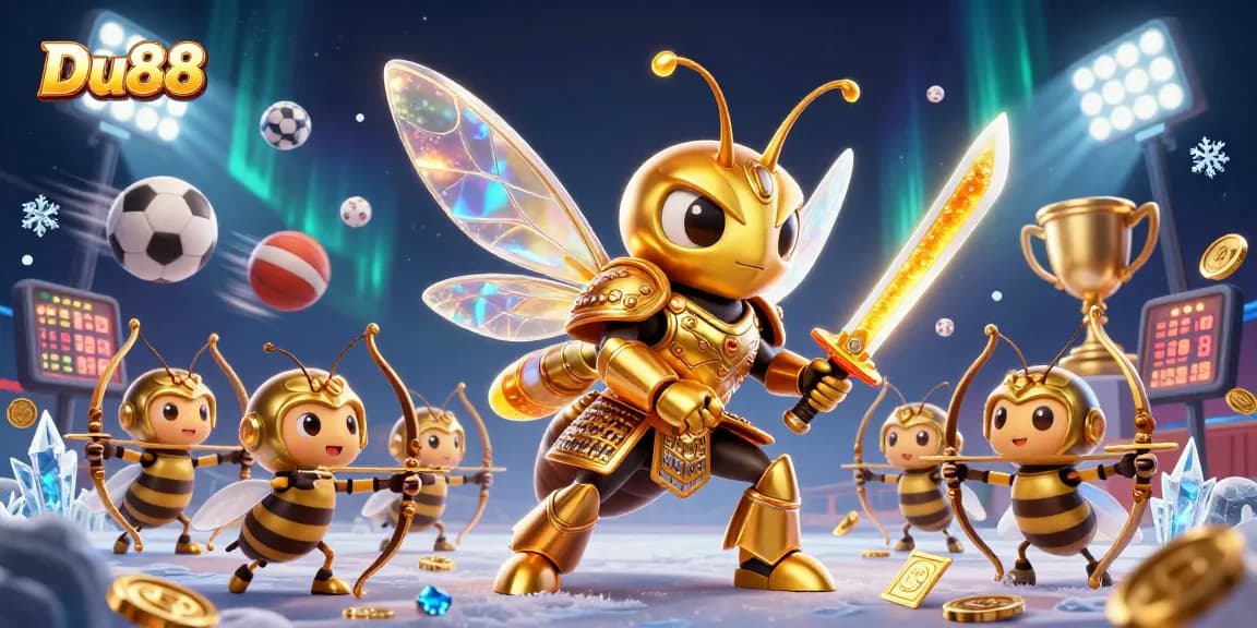 Experience Du88 with a dynamic 3D casino scene featuring a golden hornet warrior and bustling gaming elements.
