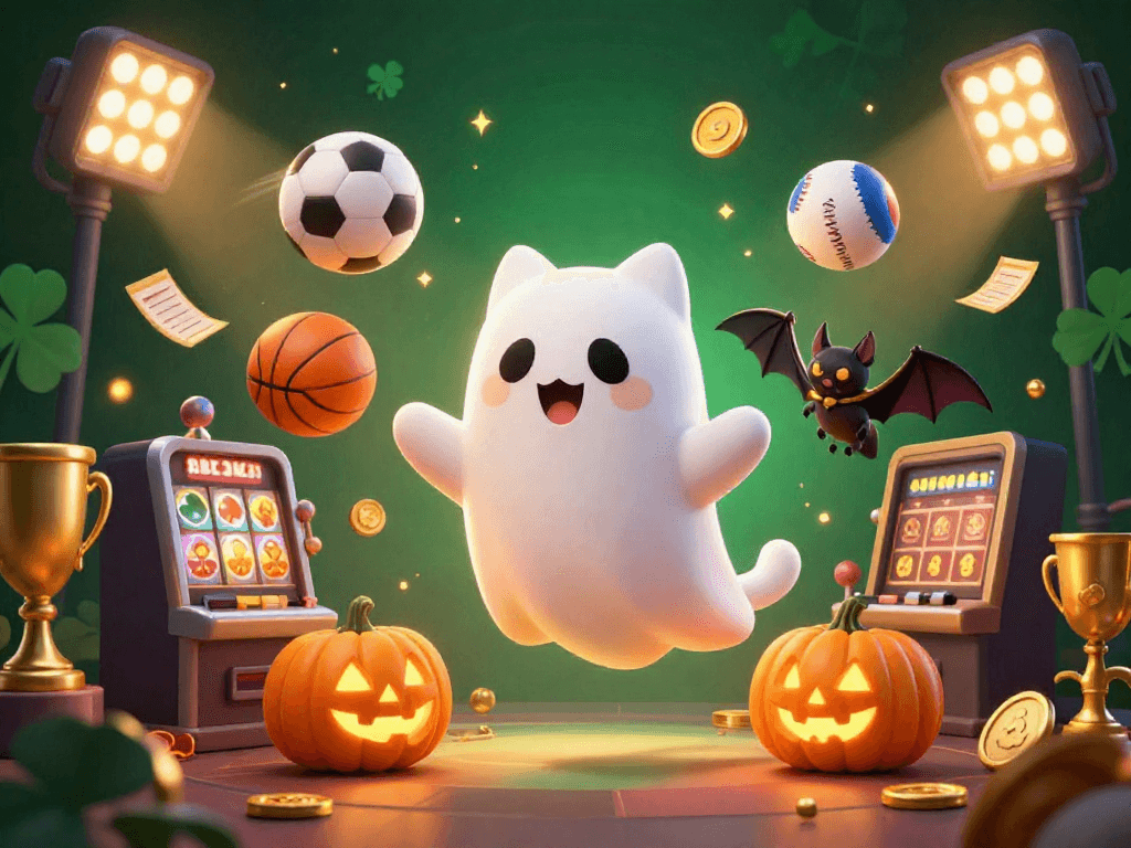 Experience the excitement of gaming at 789club with a whimsical ghost cat in a haunted casino.