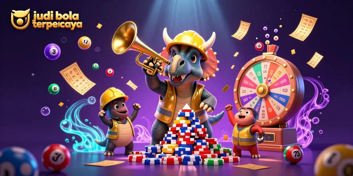 Experience judi bola terpercaya excitement with animated triceratops building a poker chip pyramid amidst a vibrant casino scene.