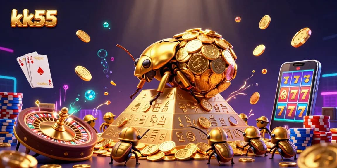 Explore thrilling games at KK55 with cascading coins and vibrant casino elements in a dynamic illustration.